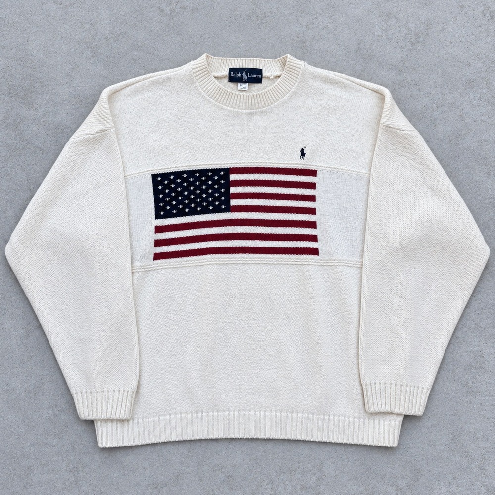 Ralph Lauren Vintage American Flag Sweater Cream Cotton Knit Mens XL Made in USA